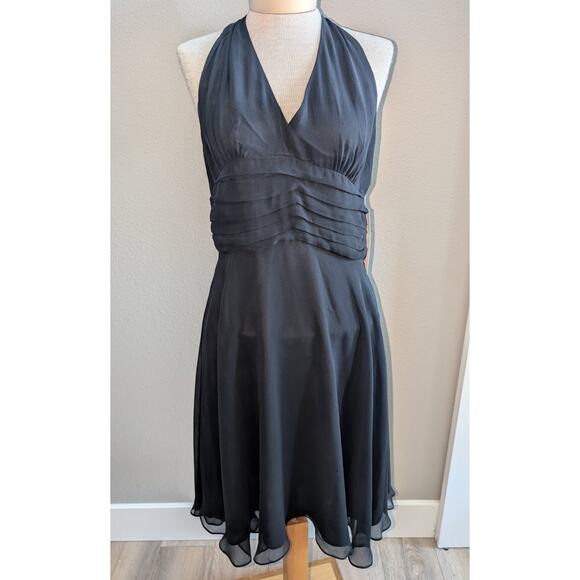 NWT 100% Silk Robbie Bee Halter Neck Banded Waist Backless Little Black Dress 12 - Picture 1 of 5
